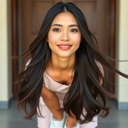 A beautiful Indonesian woman with very large breasts and long flowing hair, showcasing subtle makeup featuring nude pink lipstick and a delicate blush