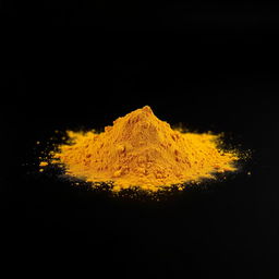 A mound of turmeric powder spread out on a flat surface, captured from a frontal perspective