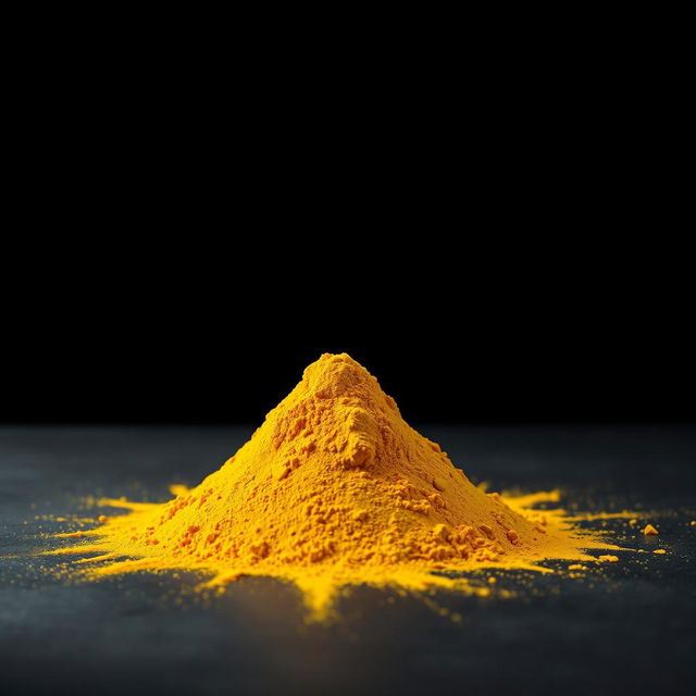 A mound of turmeric powder spread out on a flat surface, captured from a frontal perspective