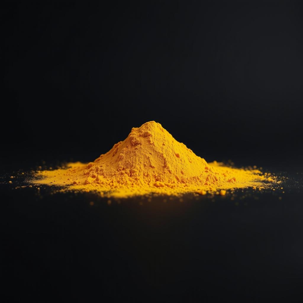 A mound of turmeric powder spread out on a flat surface, captured from a frontal perspective