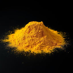 A mound of turmeric powder spread out on a flat surface, captured from a frontal perspective
