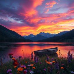 A beautiful, serene landscape featuring a vibrant sunset over a tranquil lake, surrounded by lush green forests and majestic mountains in the distance