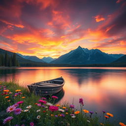 A beautiful, serene landscape featuring a vibrant sunset over a tranquil lake, surrounded by lush green forests and majestic mountains in the distance