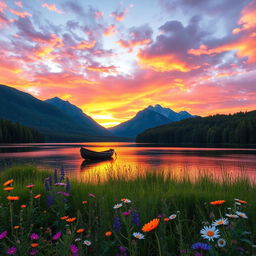 A beautiful, serene landscape featuring a vibrant sunset over a tranquil lake, surrounded by lush green forests and majestic mountains in the distance