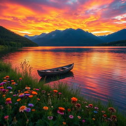 A beautiful, serene landscape featuring a vibrant sunset over a tranquil lake, surrounded by lush green forests and majestic mountains in the distance