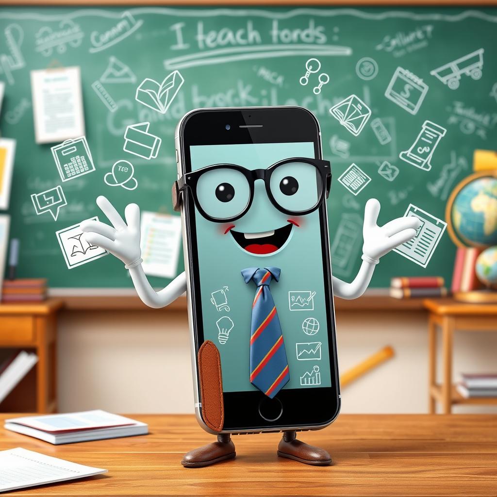 A smartphone personified as a teacher, wearing a tie and reading glasses, enthusiastically teaching in front of a chalkboard filled with lessons