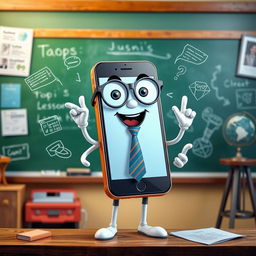 A smartphone personified as a teacher, wearing a tie and reading glasses, enthusiastically teaching in front of a chalkboard filled with lessons