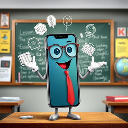 A smartphone personified as a teacher, wearing a tie and reading glasses, enthusiastically teaching in front of a chalkboard filled with lessons