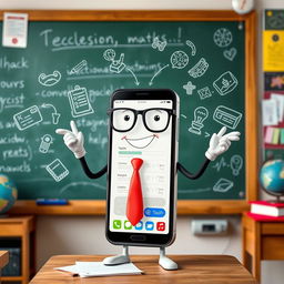 A smartphone personified as a teacher, wearing a tie and reading glasses, enthusiastically teaching in front of a chalkboard filled with lessons