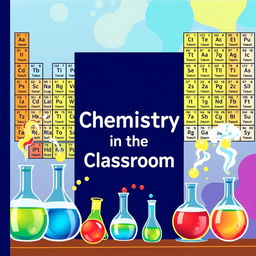 A vibrant and engaging cover design for a chemistry teaching book, featuring a colorful periodic table as the background