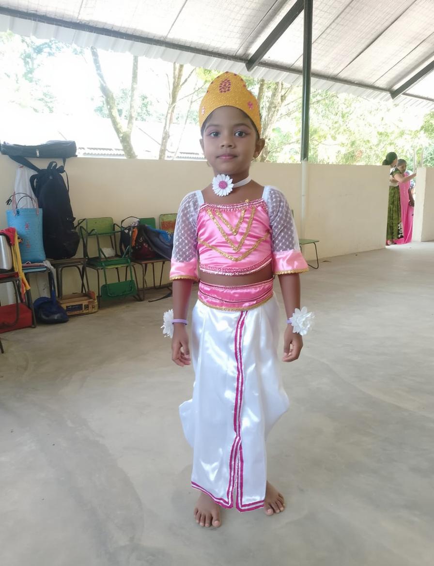 A young girl dressed in a colorful traditional outfit with a crown, standing proudly in a bright, sunny arena