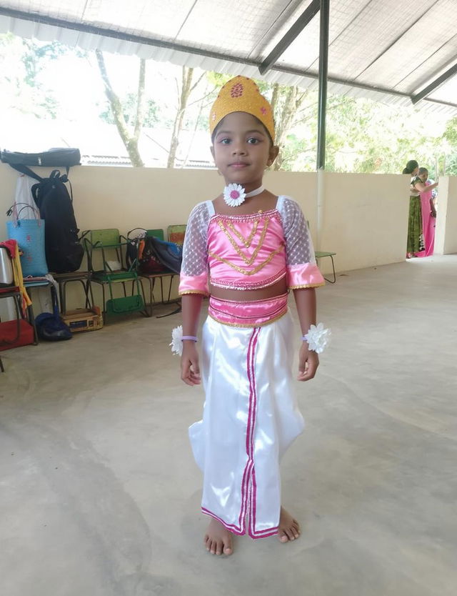 A young girl dressed in a colorful traditional outfit with a crown, standing proudly in a bright, sunny arena