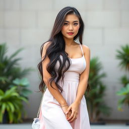 A beautiful Indonesian female university student with very large breasts and long hair, featuring subtle makeup with nude pink lipstick and delicate blush