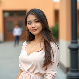 A beautiful Indonesian female university student with very large breasts and long hair, featuring subtle makeup with nude pink lipstick and delicate blush