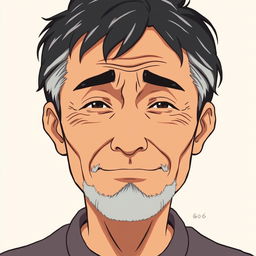 An anime-style illustration of a simple-looking uncle, aged 60 years