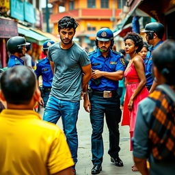 A dramatic scene depicting two friends being arrested by Nepal police