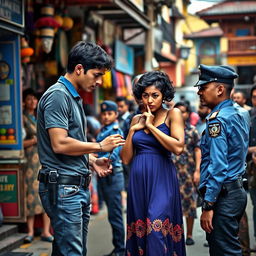 A dramatic scene depicting two friends being arrested by Nepal police