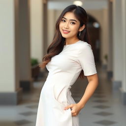 A beautiful Indonesian female university student with very large rounded breasts and long hair, adorned with subtle makeup that includes nude pink lipstick and a light blush