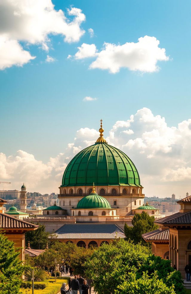 A stunning view of the Green Dome of Al-Madina, showcasing its elegant architecture and vibrant green color, surrounded by the beautiful cityscape of Al-Madina