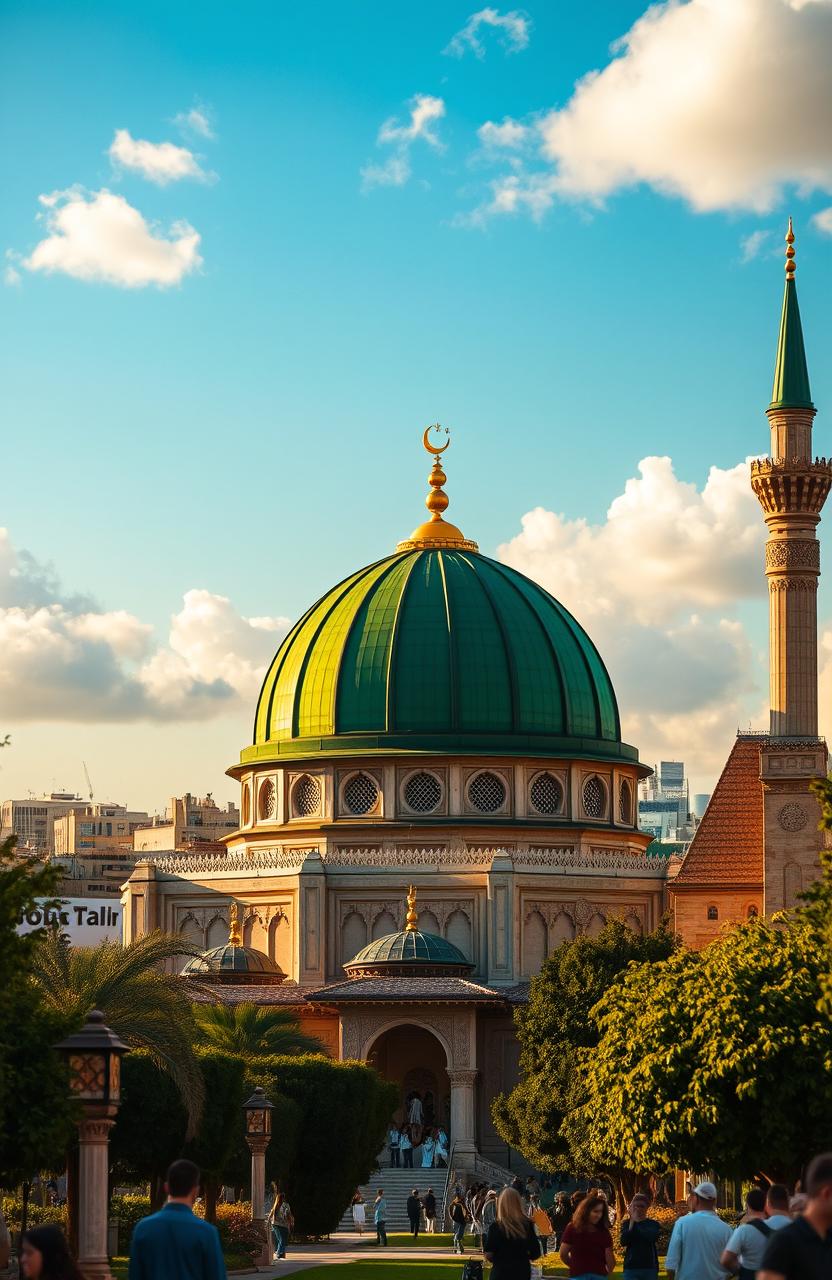 A stunning view of the Green Dome of Al-Madina, showcasing its elegant architecture and vibrant green color, surrounded by the beautiful cityscape of Al-Madina