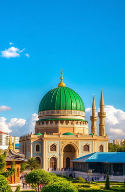 A stunning view of the Green Dome of Al-Madina, showcasing its elegant architecture and vibrant green color, surrounded by the beautiful cityscape of Al-Madina