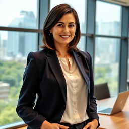 A confident professional woman standing in a modern office environment