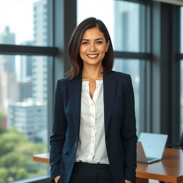 A confident professional woman standing in a modern office environment