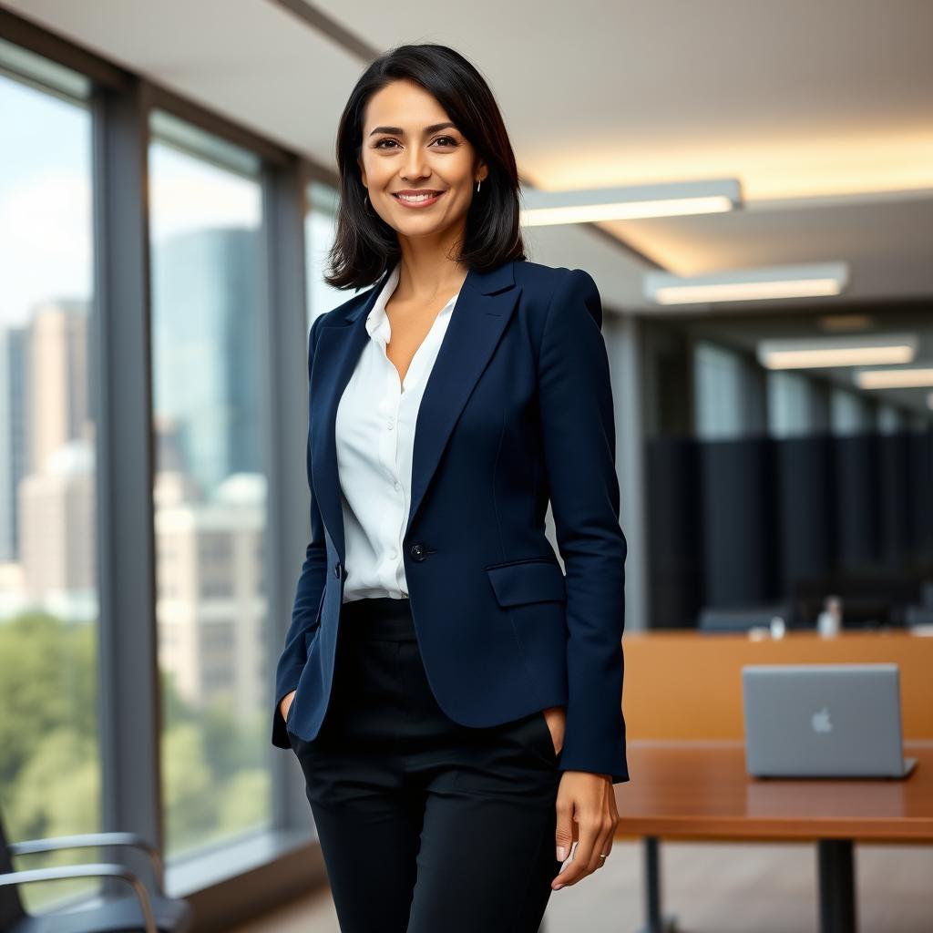 A confident professional woman standing in a modern office environment