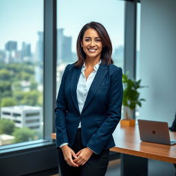 A confident professional woman standing in a modern office environment