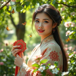 Beautiful young woman with radiant features and captivating eyes, dressed elegantly in traditional attire, surrounded by a serene garden filled with blooming flowers