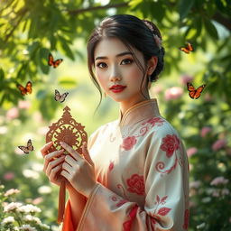 Beautiful young woman with radiant features and captivating eyes, dressed elegantly in traditional attire, surrounded by a serene garden filled with blooming flowers