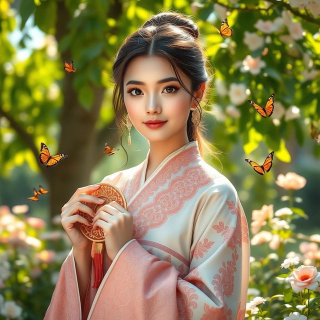 Beautiful young woman with radiant features and captivating eyes, dressed elegantly in traditional attire, surrounded by a serene garden filled with blooming flowers