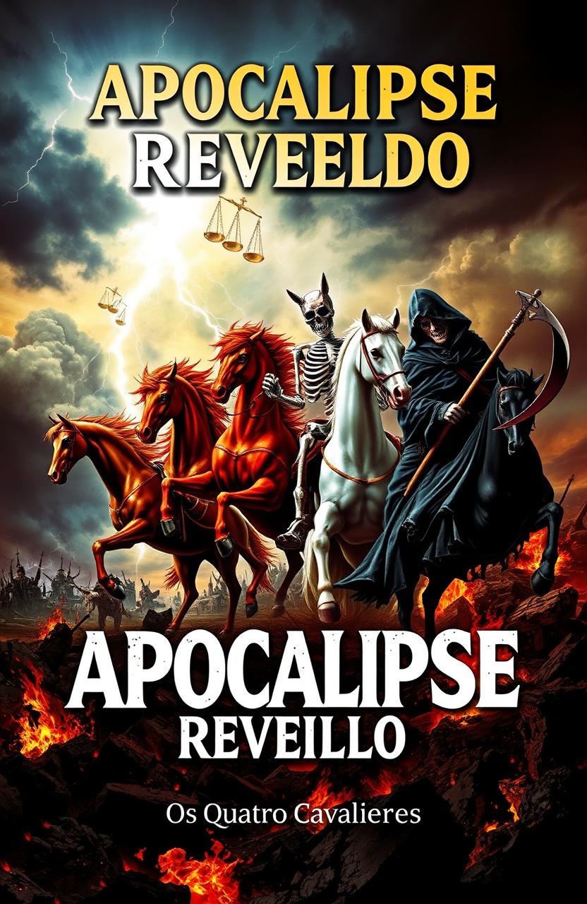 A dramatic and intense apocalyptic scene featuring the Four Horsemen of the Apocalypse, depicted with vivid detail