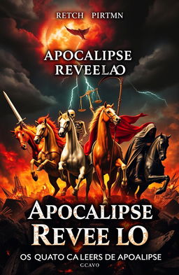 A dramatic and intense apocalyptic scene featuring the Four Horsemen of the Apocalypse, depicted with vivid detail
