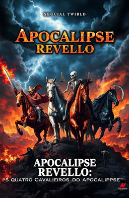A dramatic and intense apocalyptic scene featuring the Four Horsemen of the Apocalypse, depicted with vivid detail