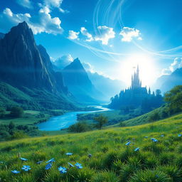 A vibrant blue fantasy landscape with towering azure mountains piercing the sky, surrounded by a glimmering cerulean river winding through lush greenery