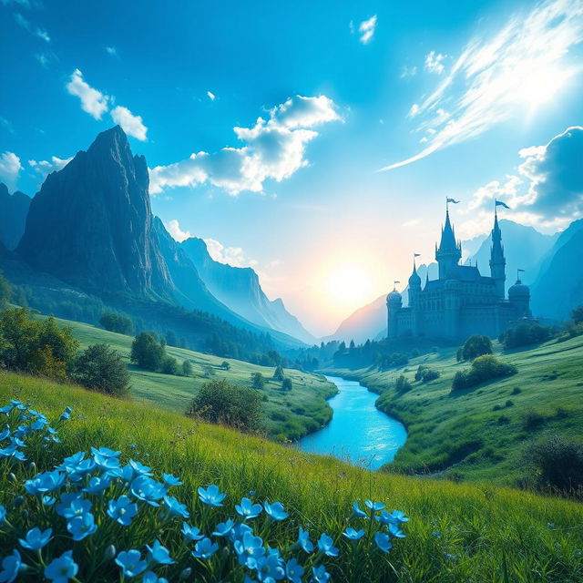 A vibrant blue fantasy landscape with towering azure mountains piercing the sky, surrounded by a glimmering cerulean river winding through lush greenery