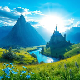 A vibrant blue fantasy landscape with towering azure mountains piercing the sky, surrounded by a glimmering cerulean river winding through lush greenery