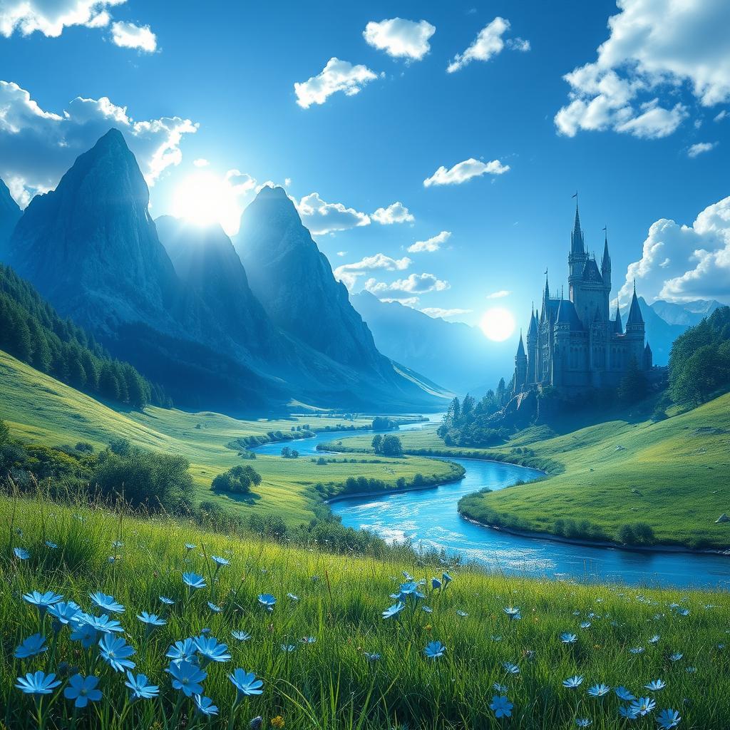 A vibrant blue fantasy landscape with towering azure mountains piercing the sky, surrounded by a glimmering cerulean river winding through lush greenery