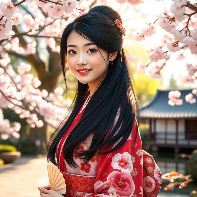 A young woman with a cheerful expression, wearing a beautiful traditional Japanese kimono adorned with intricate floral patterns