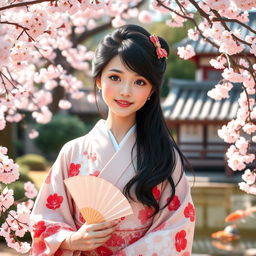 A young woman with a cheerful expression, wearing a beautiful traditional Japanese kimono adorned with intricate floral patterns