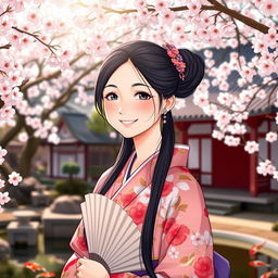 A young woman with a cheerful expression, wearing a beautiful traditional Japanese kimono adorned with intricate floral patterns