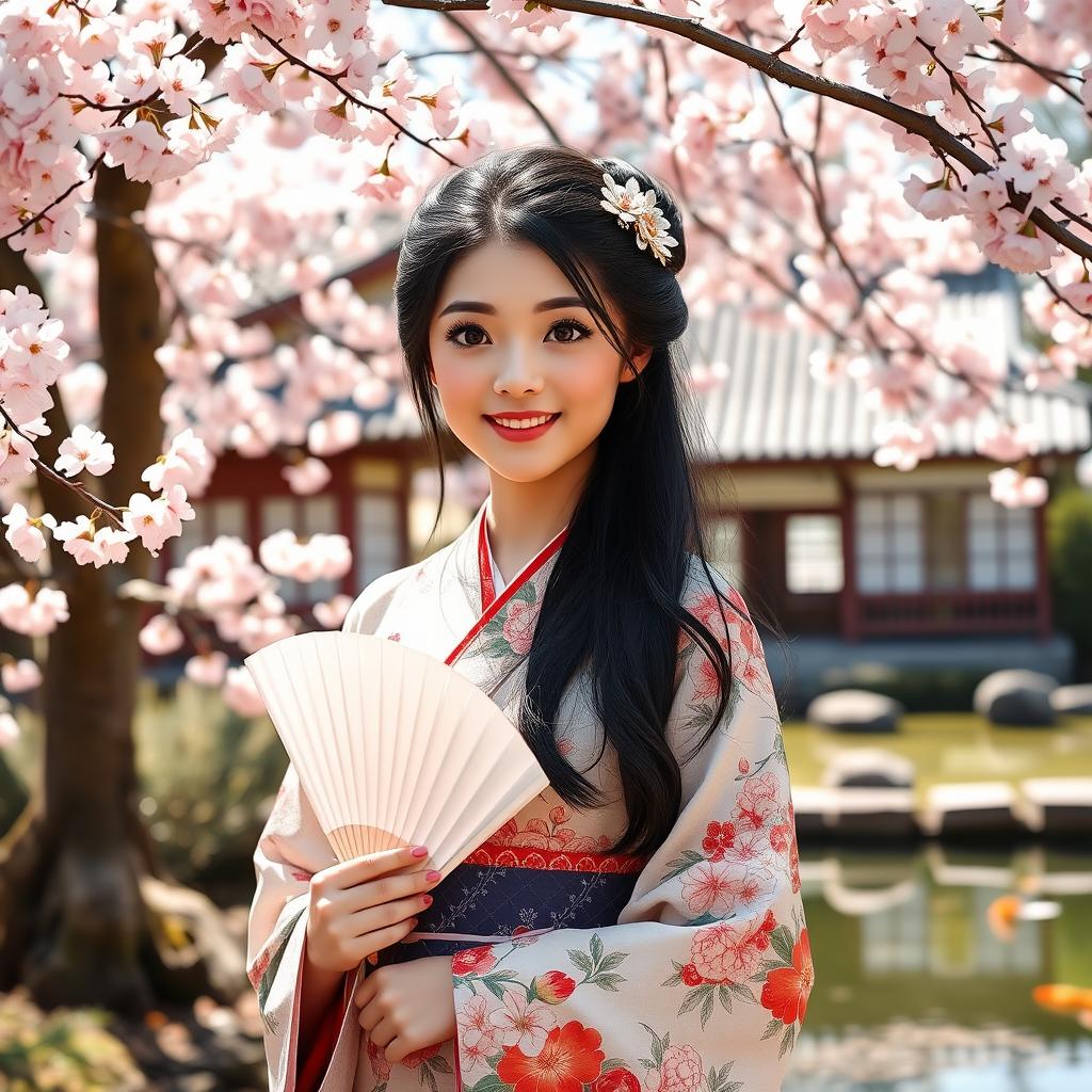 A young woman with a cheerful expression, wearing a beautiful traditional Japanese kimono adorned with intricate floral patterns