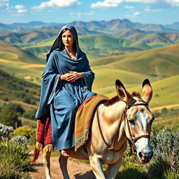 Mary and Joseph traveling on a donkey through a picturesque landscape, biblical scenery with rolling hills and a bright blue sky