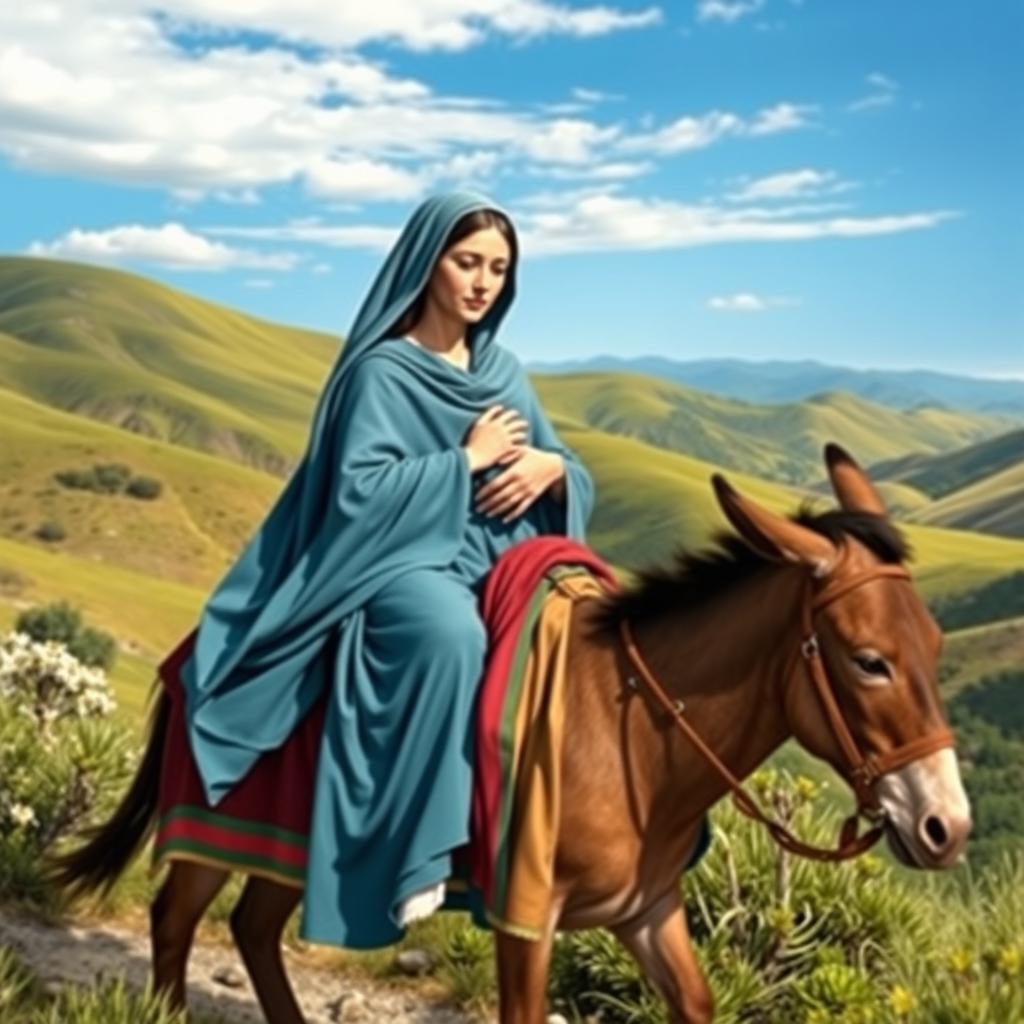Mary and Joseph traveling on a donkey through a picturesque landscape, biblical scenery with rolling hills and a bright blue sky