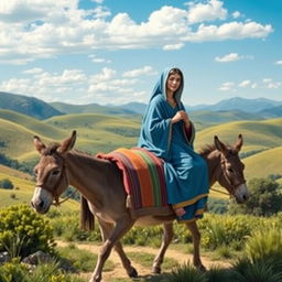 Mary and Joseph traveling on a donkey through a picturesque landscape, biblical scenery with rolling hills and a bright blue sky