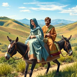 Mary and Joseph traveling on a donkey through a picturesque landscape, biblical scenery with rolling hills and a bright blue sky