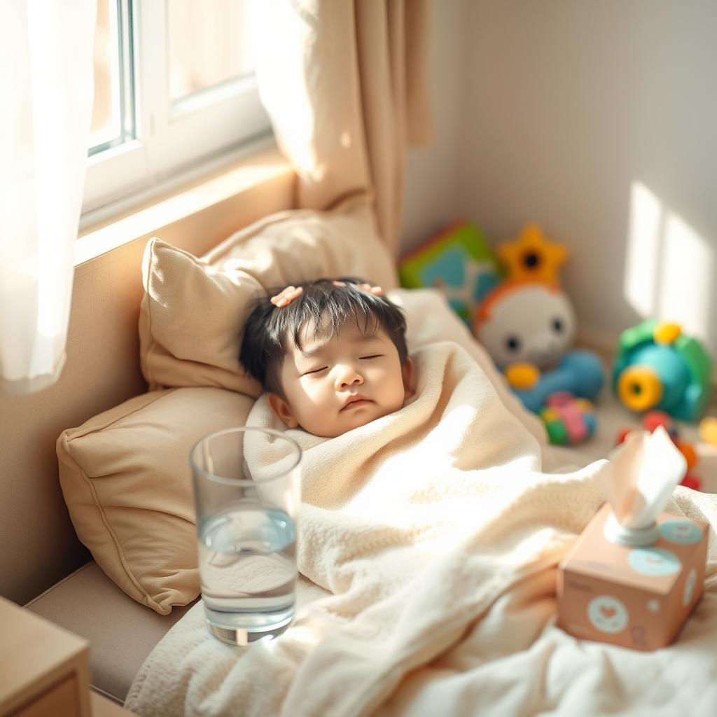 A cozy bedroom scene featuring a young Korean child resting in bed