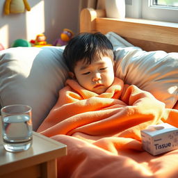 A cozy bedroom scene featuring a young Korean child resting in bed