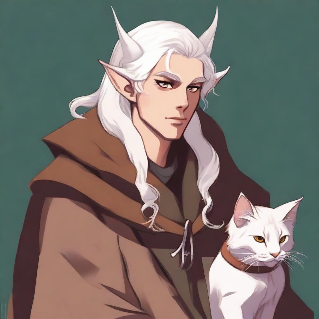 This is a high-quality digital art image depicting a young tiefling with fluffy, mullet-length white hair styled half up, half down with curtain bangs